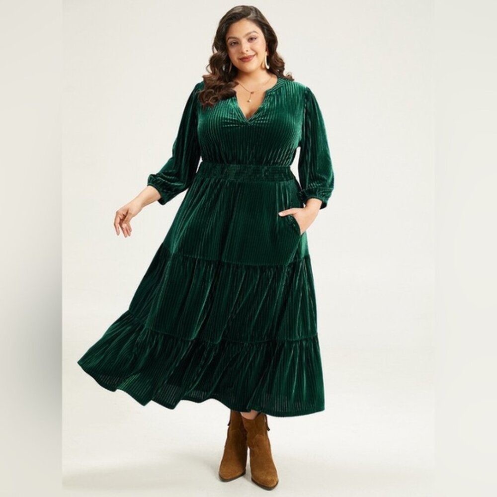 Bloomchic Velvet Tiered Midi Dress Green